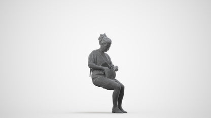 3D scanned woman sitting casual, photorealistic archviz people for Enscape and SketchUp, wireframe side view