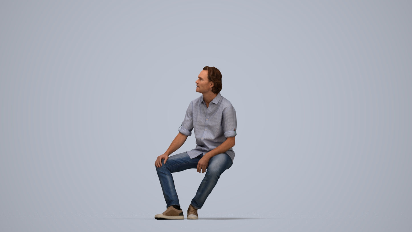 3D scanned man sitting casual, photorealistic archviz people for Enscape and SketchUp, top-down view render