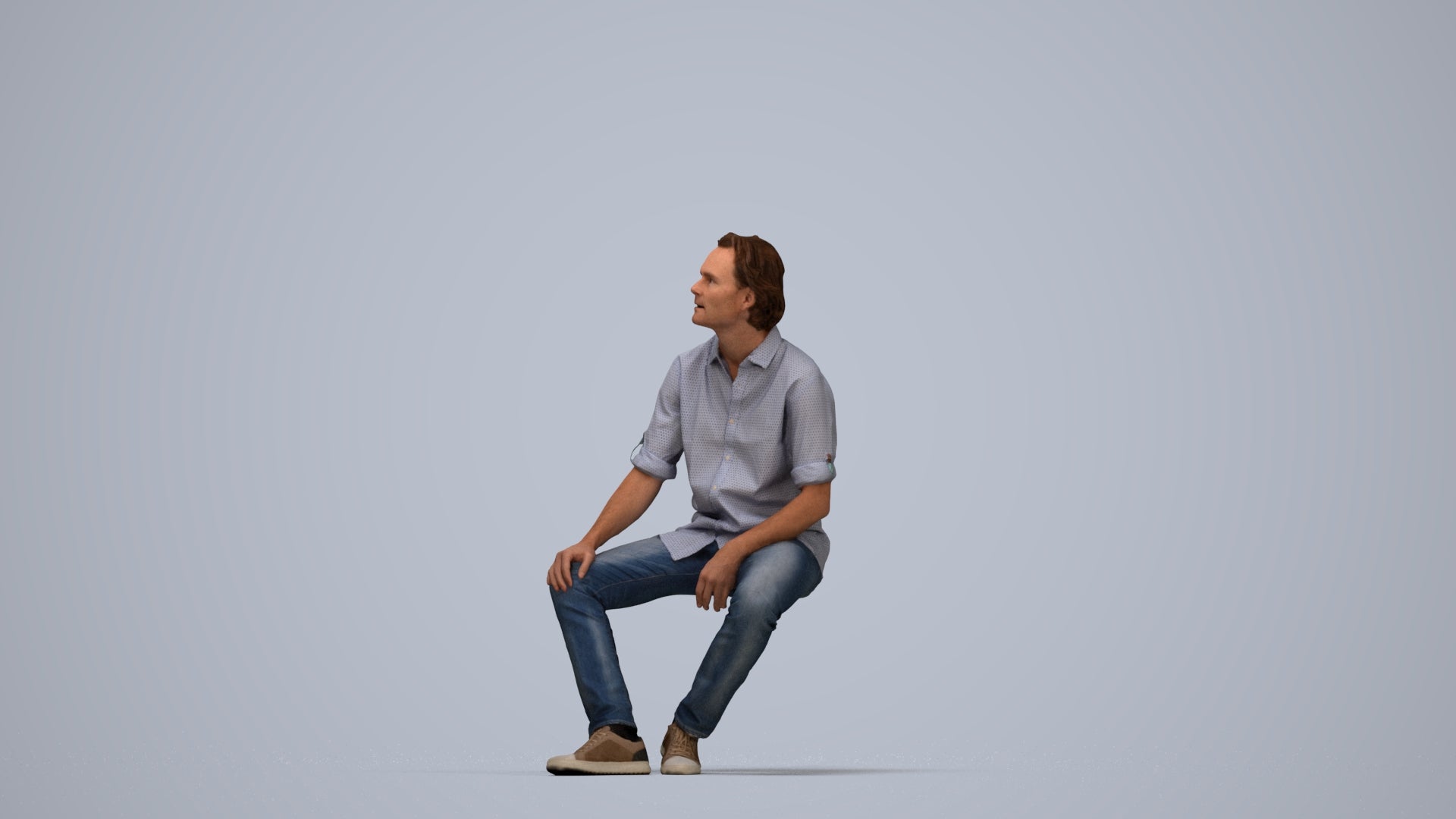 3D scanned man sitting casual, photorealistic archviz people for Enscape and SketchUp, top-down view render