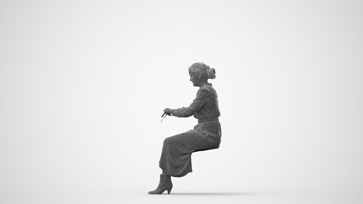 3D human model woman casual sitting, photogrammetry scanned person for archviz, square thumbnail