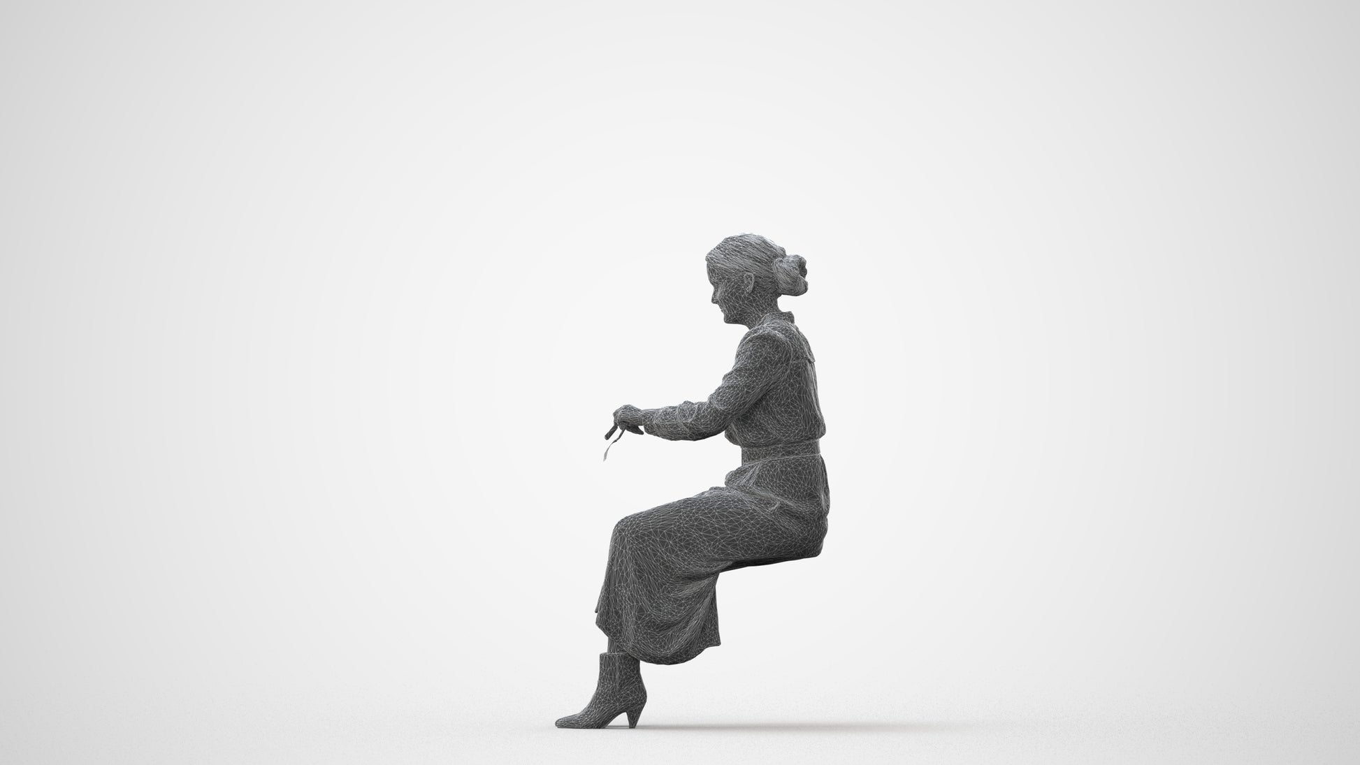 3D human model woman casual sitting, photogrammetry scanned person for archviz, square thumbnail