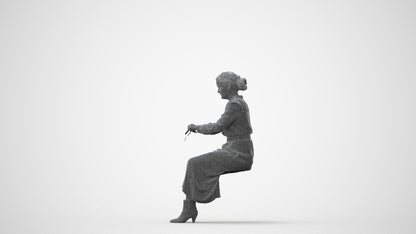 3D human model woman casual sitting, photogrammetry scanned person for archviz, square thumbnail