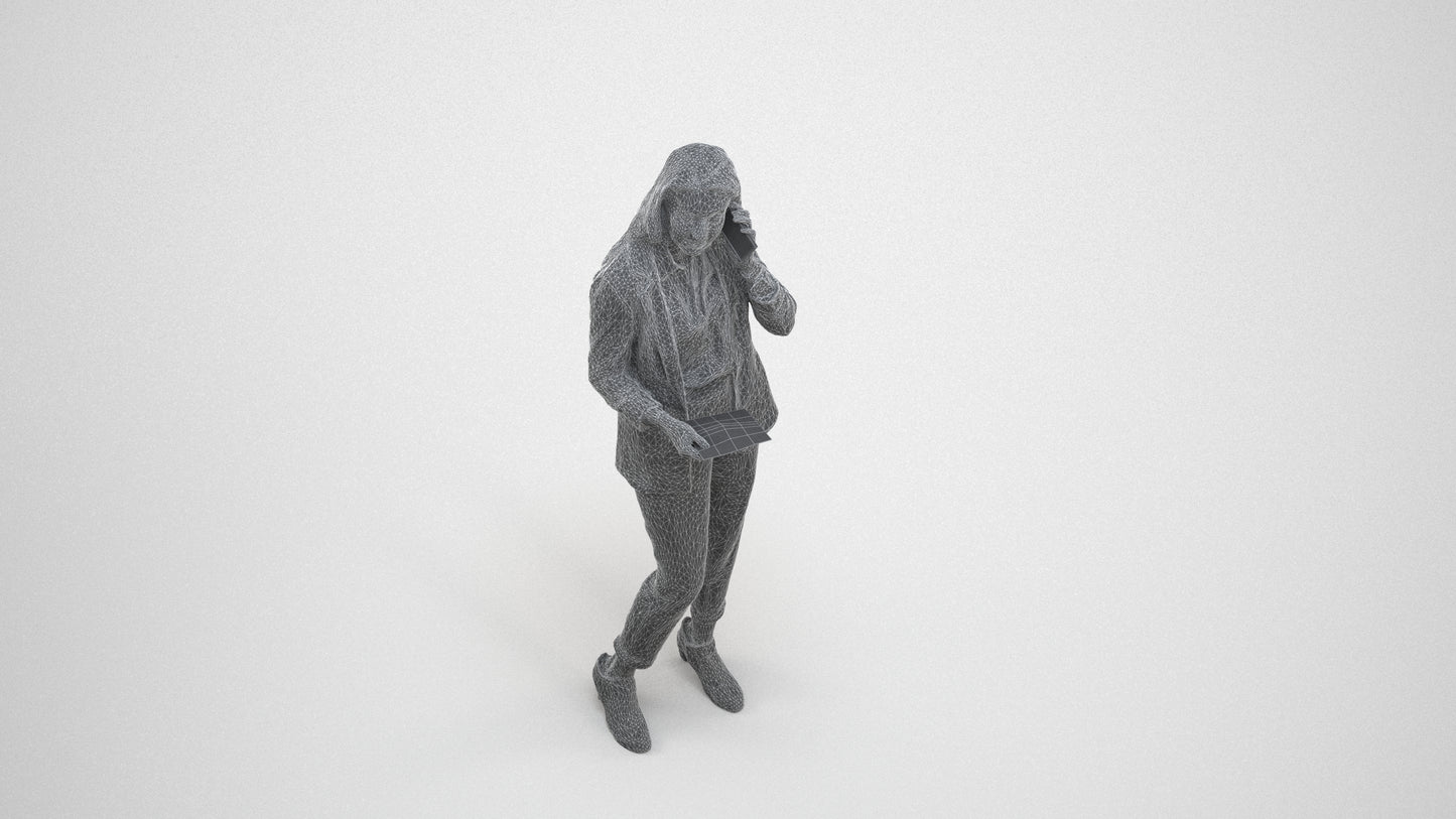 3D scanned woman business, photorealistic archviz people for Enscape and SketchUp, wireframe three-quarter view
