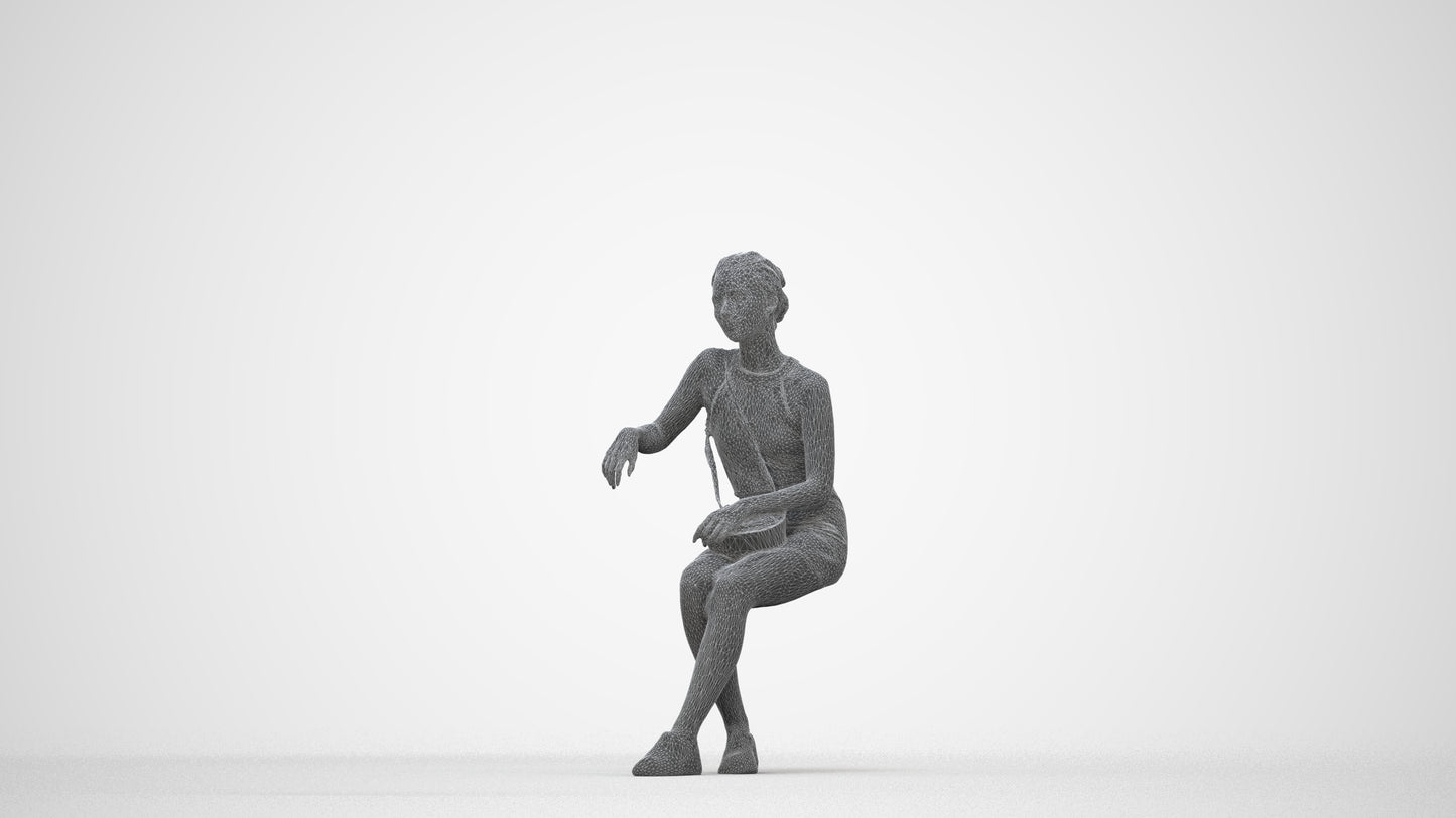 photogrammetry 3D woman casual sitting, realistic human model archviz FBX, wireframe back view