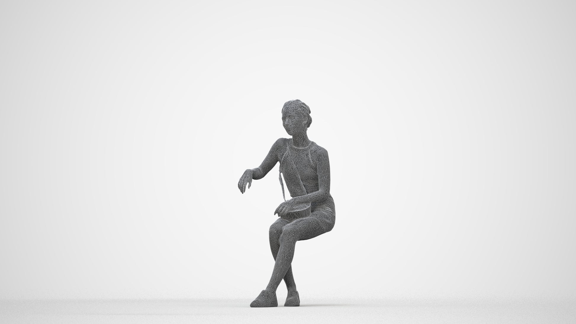 photogrammetry 3D woman casual sitting, realistic human model archviz FBX, wireframe back view