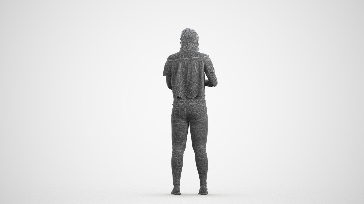 3D human model woman casual standing, photogrammetry scanned person for archviz, wireframe front view