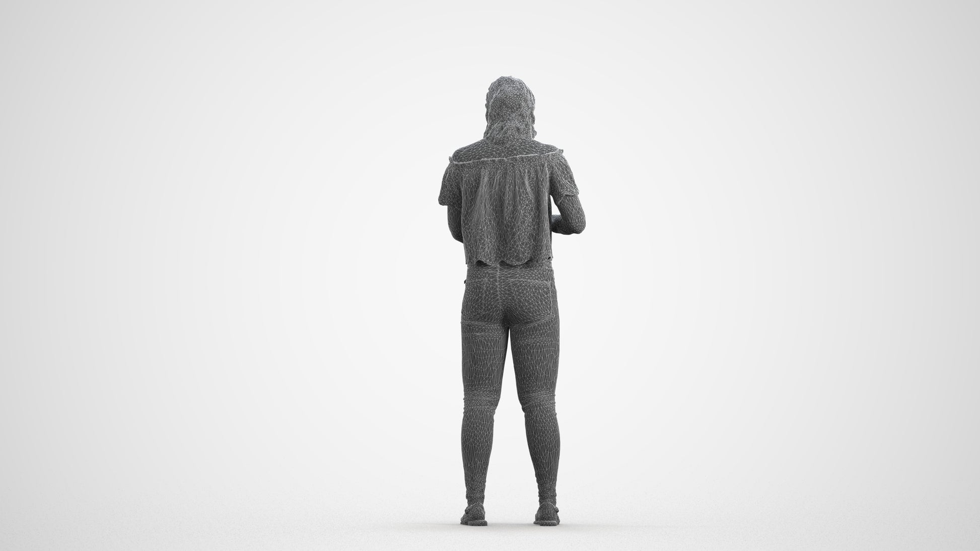 3D human model woman casual standing, photogrammetry scanned person for archviz, wireframe front view