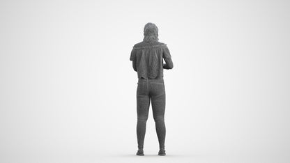 3D human model woman casual standing, photogrammetry scanned person for archviz, wireframe front view