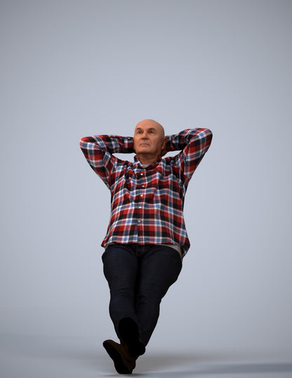 3D human model senior man casual sitting, photogrammetry scanned person for archviz