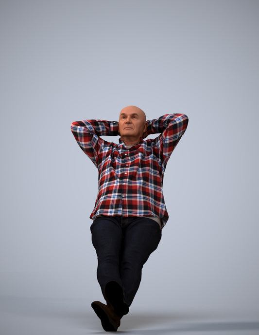 3D human model senior man casual sitting, photogrammetry scanned person for archviz