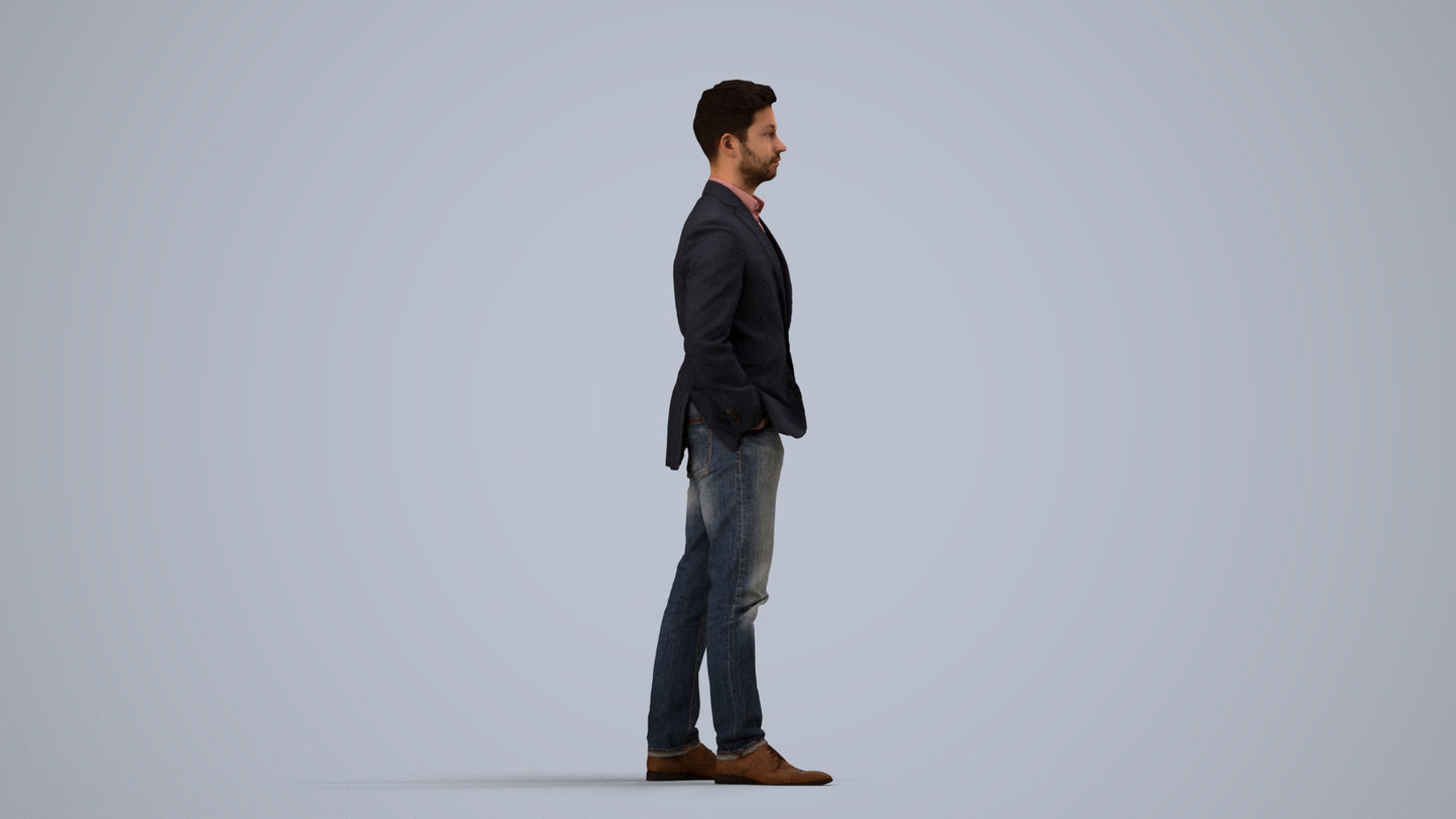 3D people model man business standing, scanned human for 3ds Max rendering, side view render