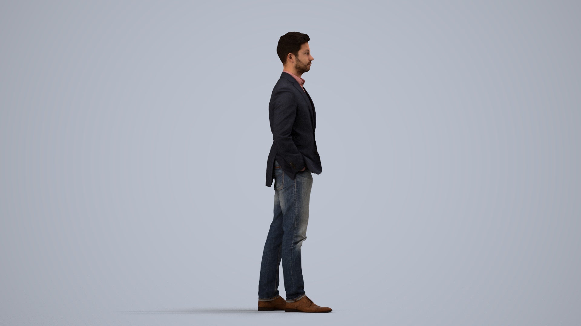 3D people model man business standing, scanned human for 3ds Max rendering, side view render
