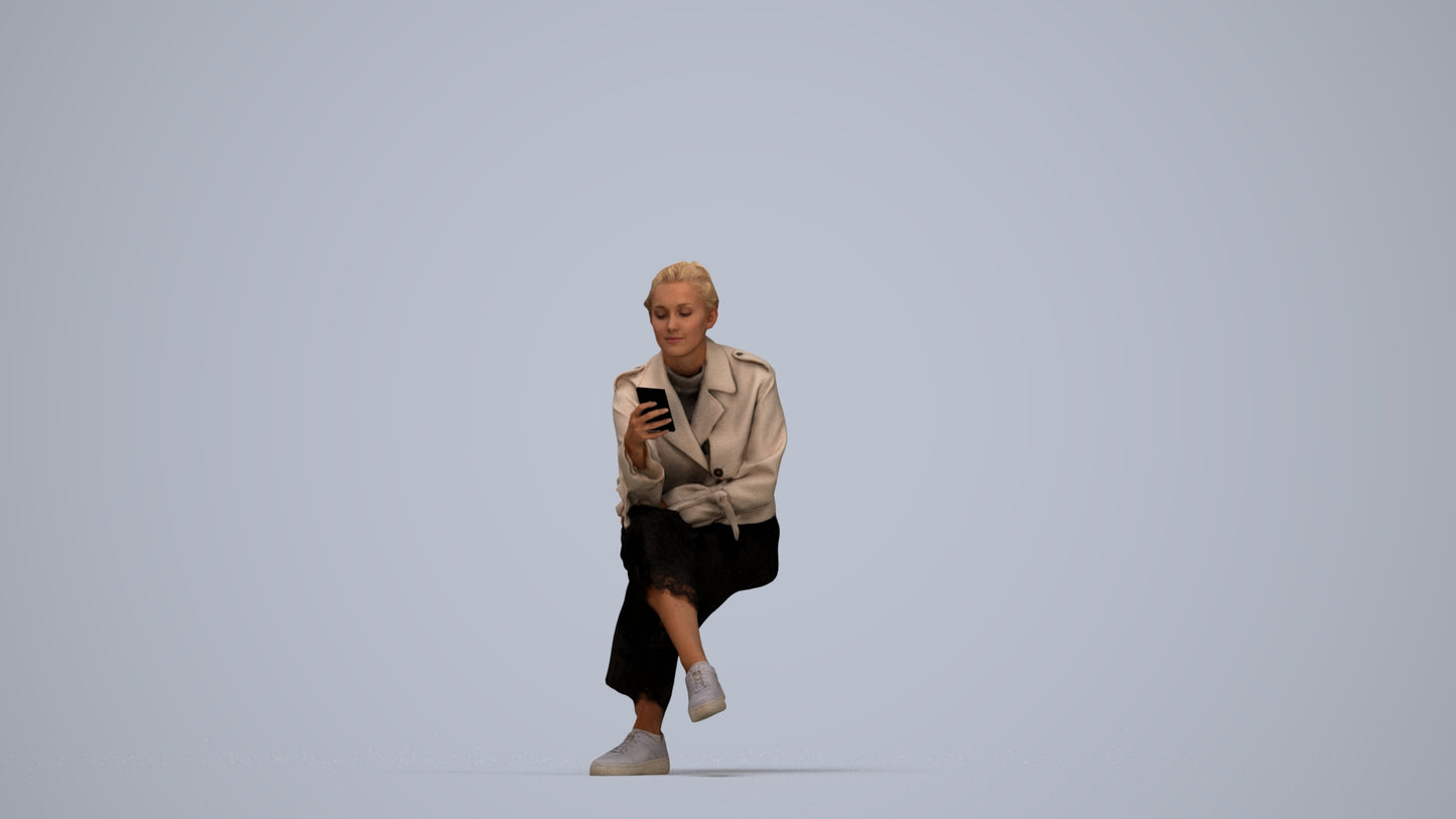photogrammetry 3D woman casual sitting, realistic human model archviz FBX, top-down view render