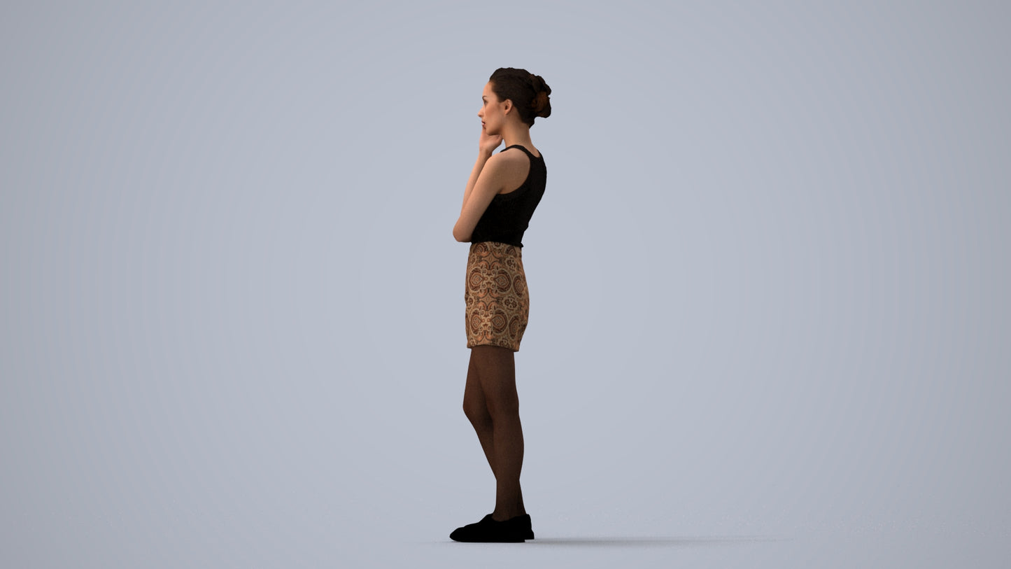 3D human model woman casual standing, photogrammetry scanned person for archviz, three-quarter view render