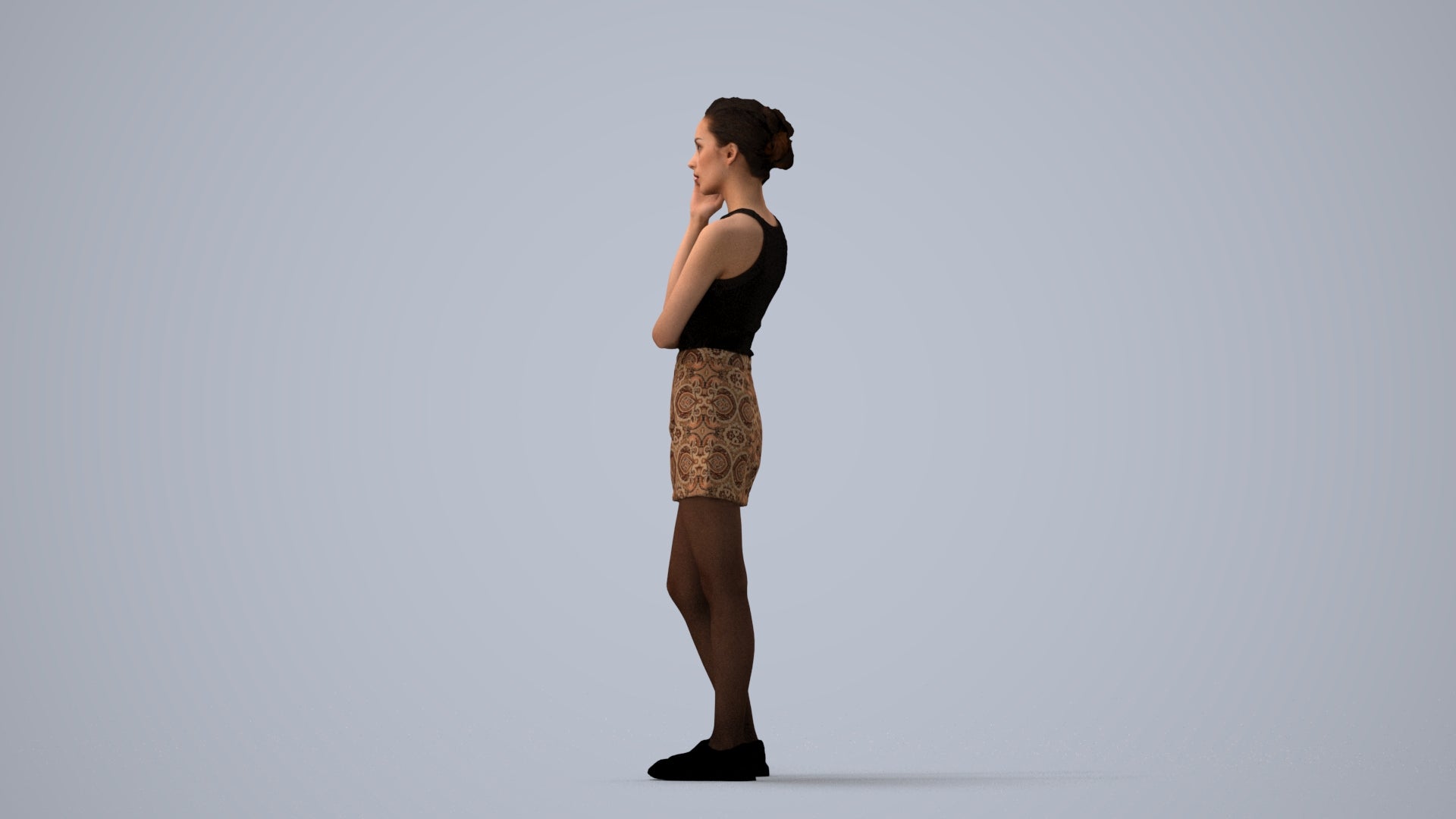 3D human model woman casual standing, photogrammetry scanned person for archviz, three-quarter view render