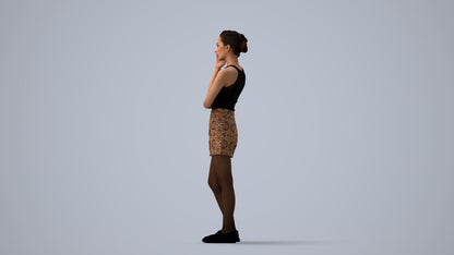 3D human model woman casual standing, photogrammetry scanned person for archviz, three-quarter view render