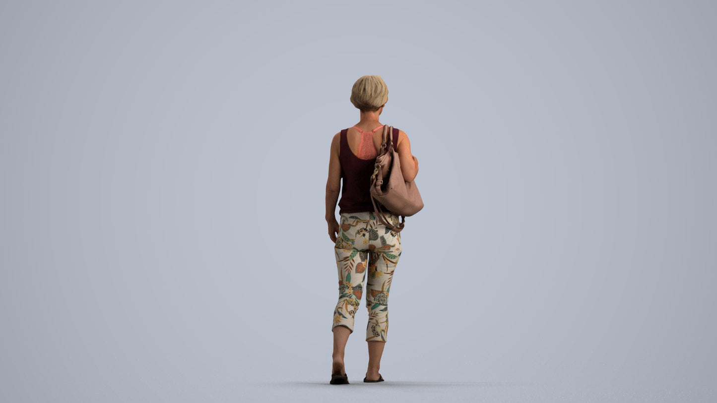 realistic 3D human senior woman walking, archviz people FBX OBJ for Blender, front view render
