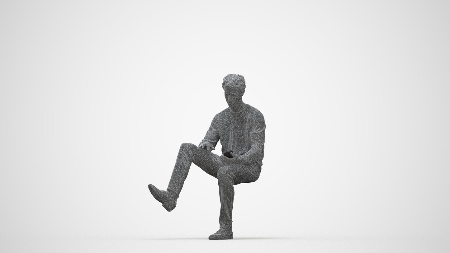 realistic 3D man casual sitting, scanned archviz people for Blender and 3ds Max, wireframe back view