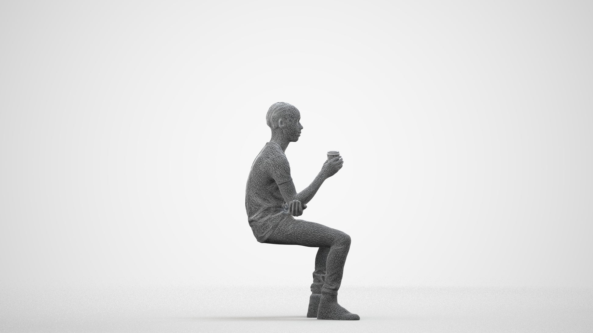 3D human model boy casual kids, photogrammetry scanned person for archviz, wireframe side view