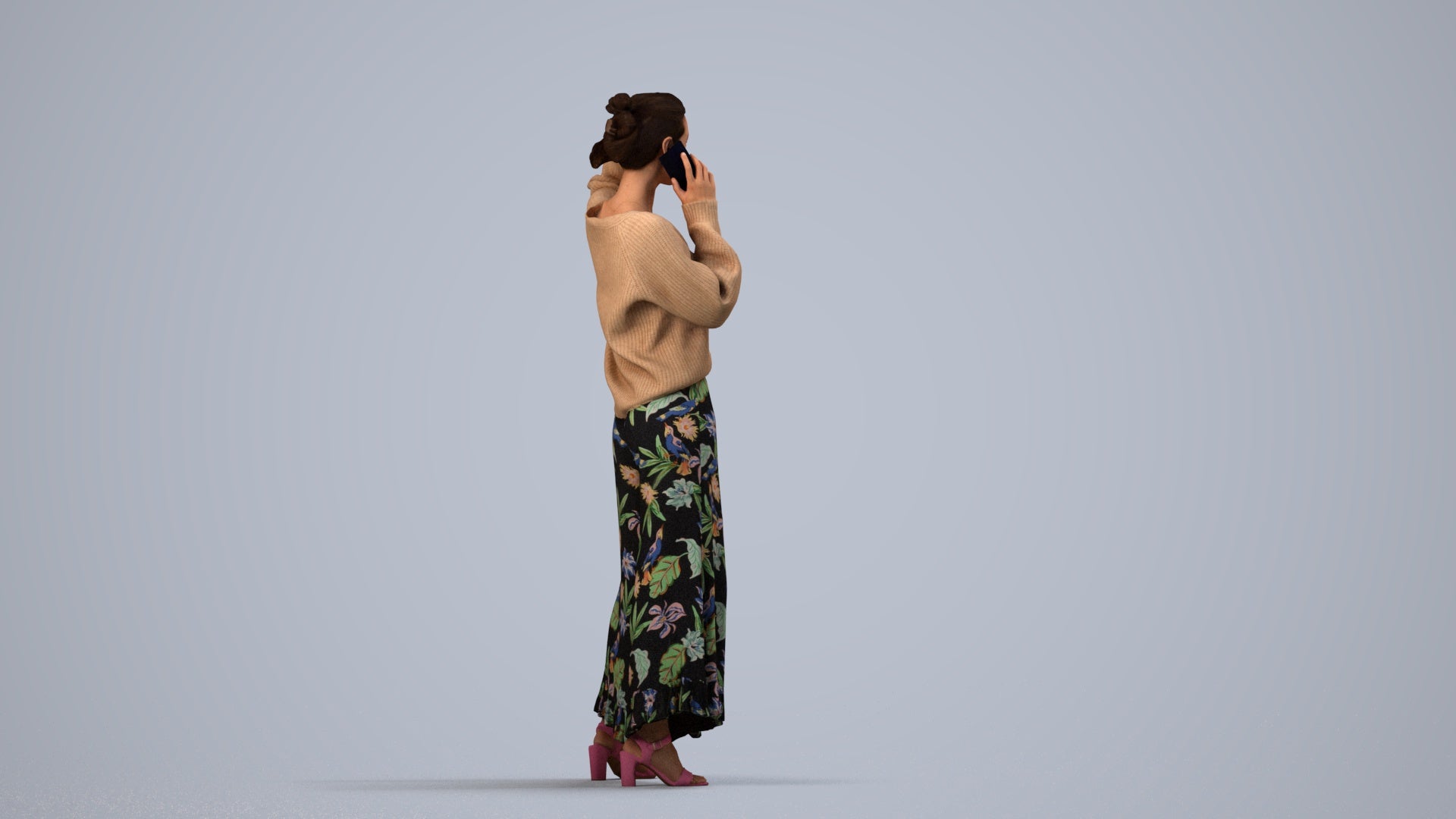 3D human model woman casual standing, photogrammetry scanned person for archviz, side view render