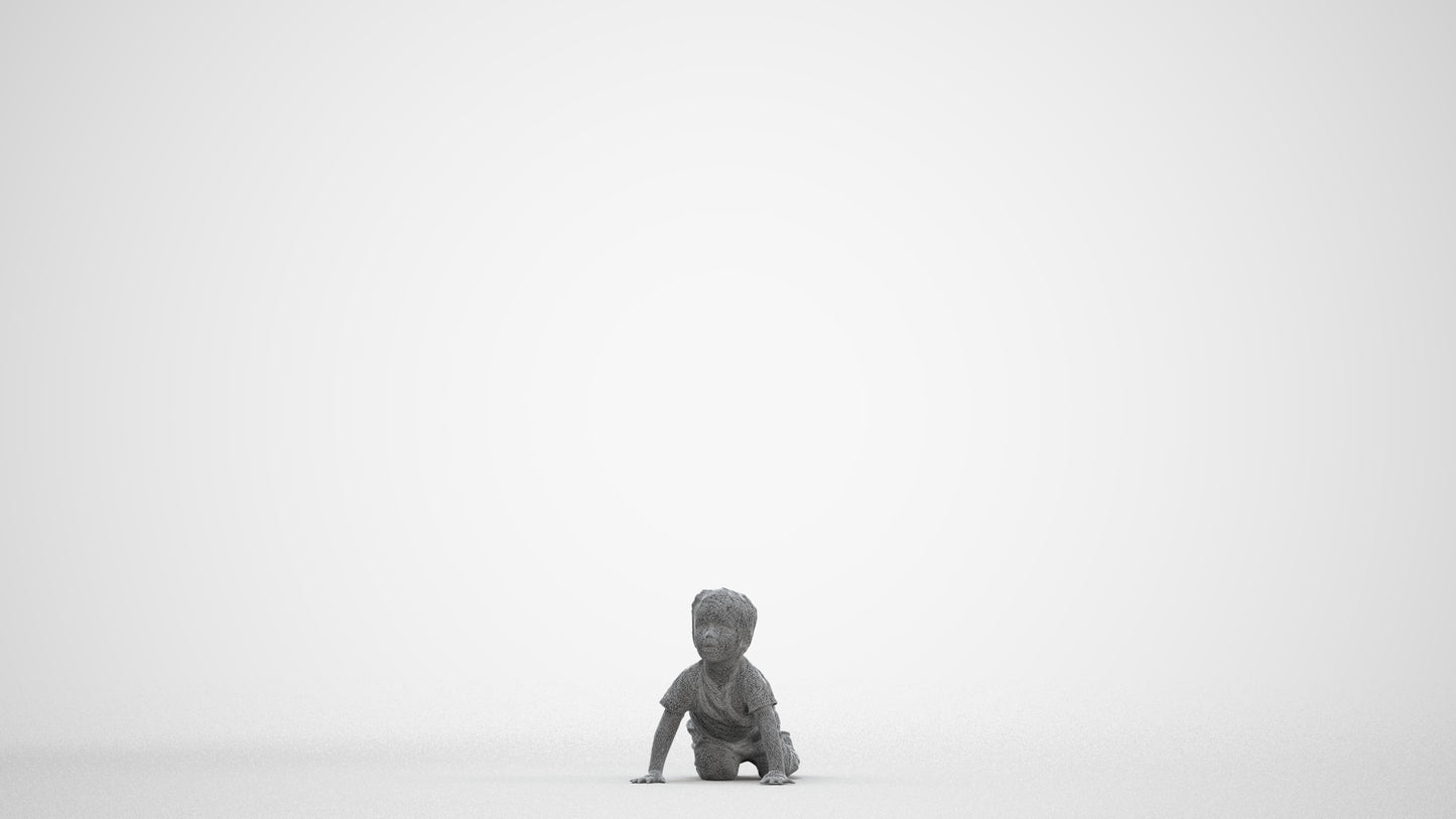 3D human model boy casual kids, photogrammetry scanned person for archviz, three-quarter front view render