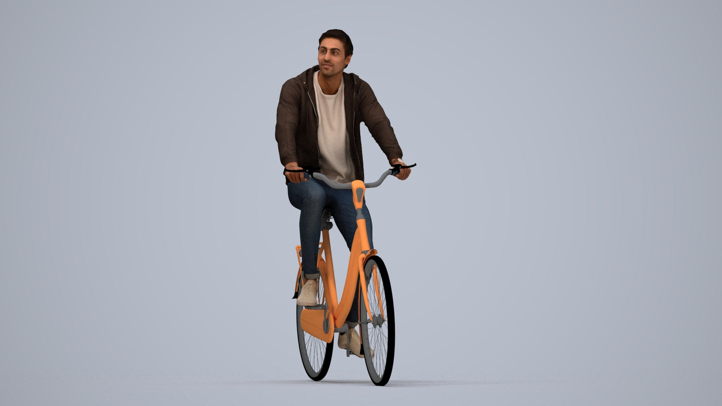 photogrammetry 3D man casual cycling, realistic human model archviz FBX, top-down view render