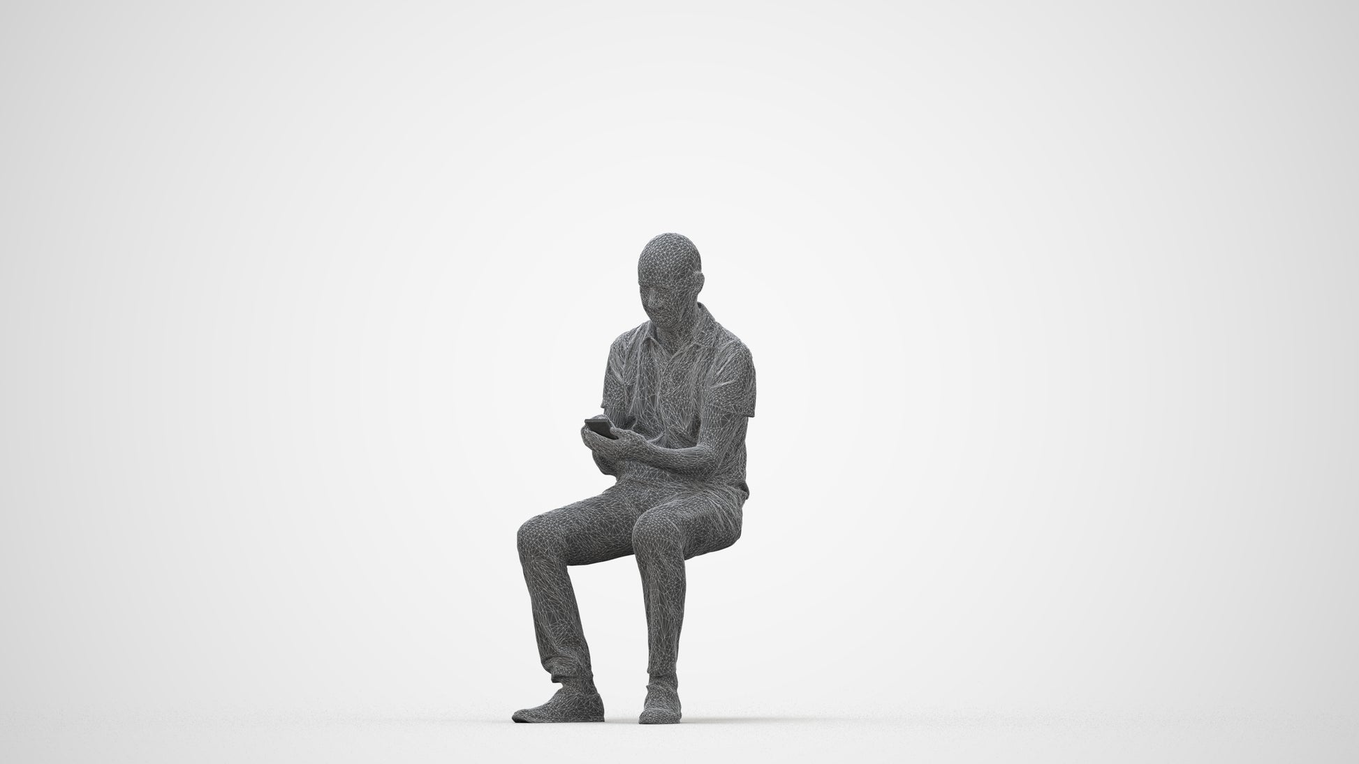 realistic 3D senior man casual sitting, scanned archviz people for Blender and 3ds Max, wireframe back view