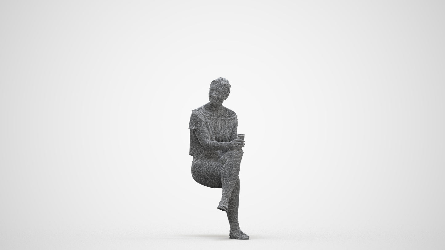 3D people model woman casual sitting, scanned human for 3ds Max rendering, three-quarter front view render