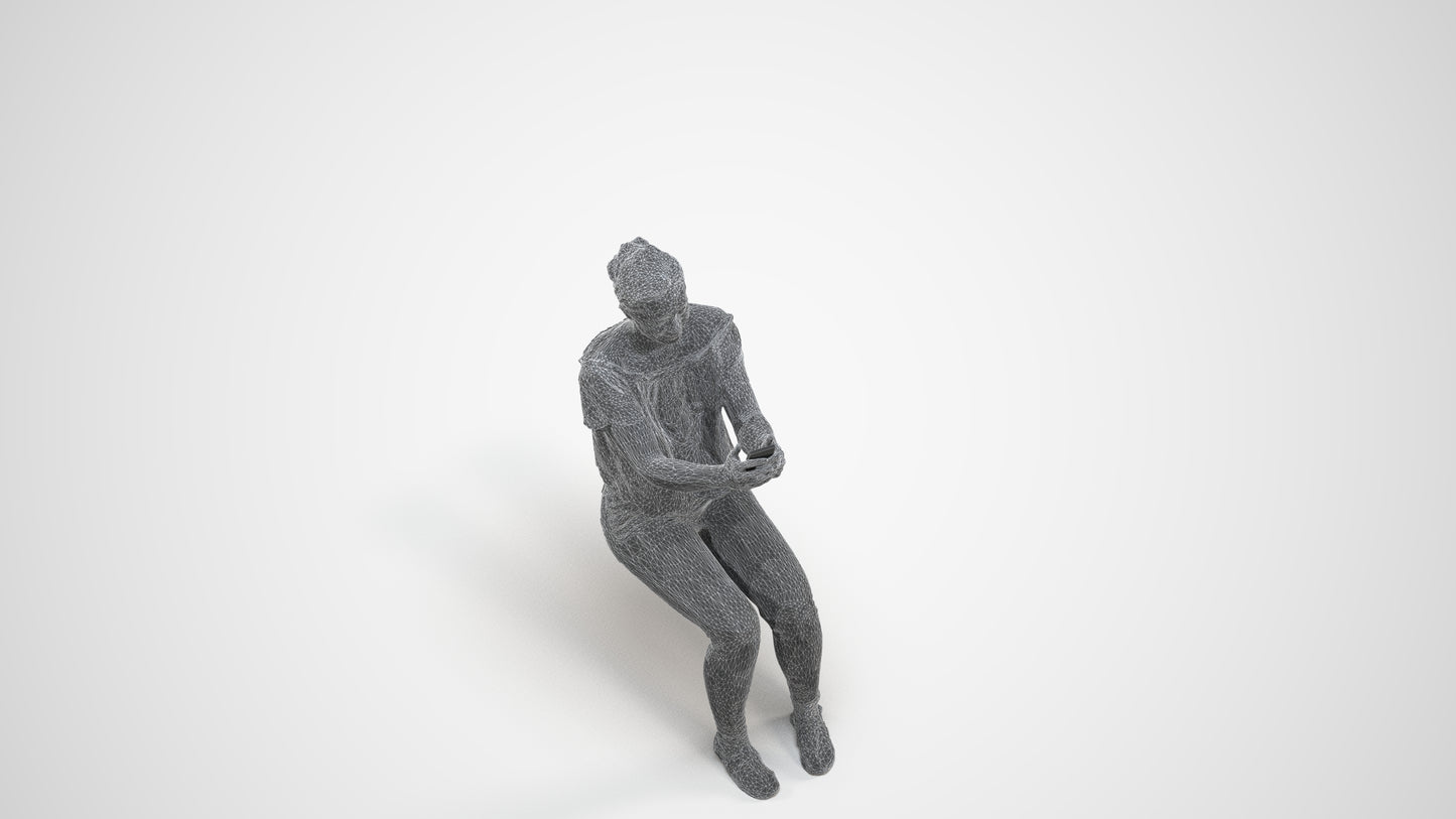 photogrammetry 3D woman casual sitting, realistic human model archviz FBX, wireframe three-quarter view