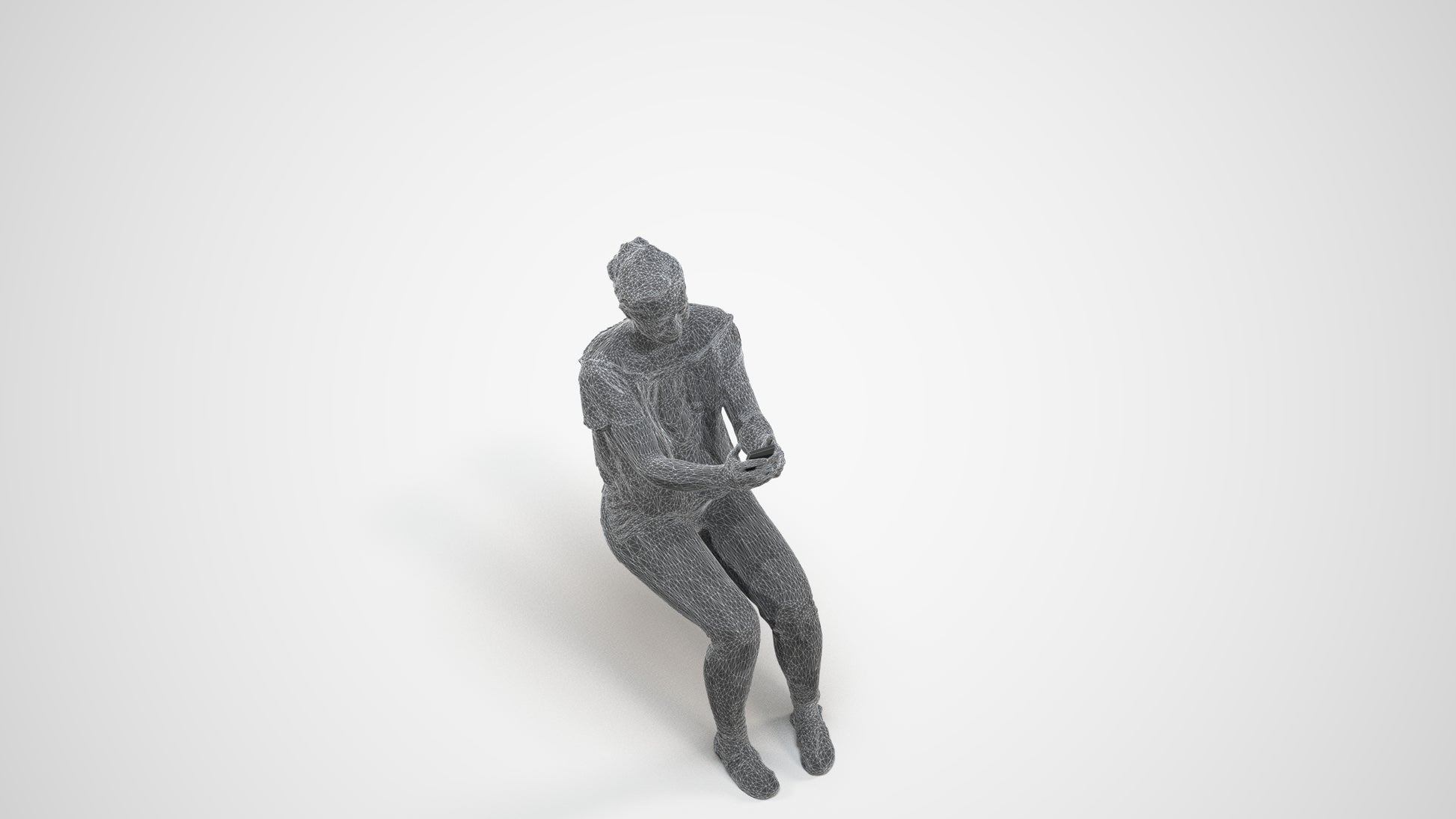 photogrammetry 3D woman casual sitting, realistic human model archviz FBX, wireframe three-quarter view