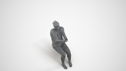 photogrammetry 3D woman casual sitting, realistic human model archviz FBX, wireframe three-quarter view