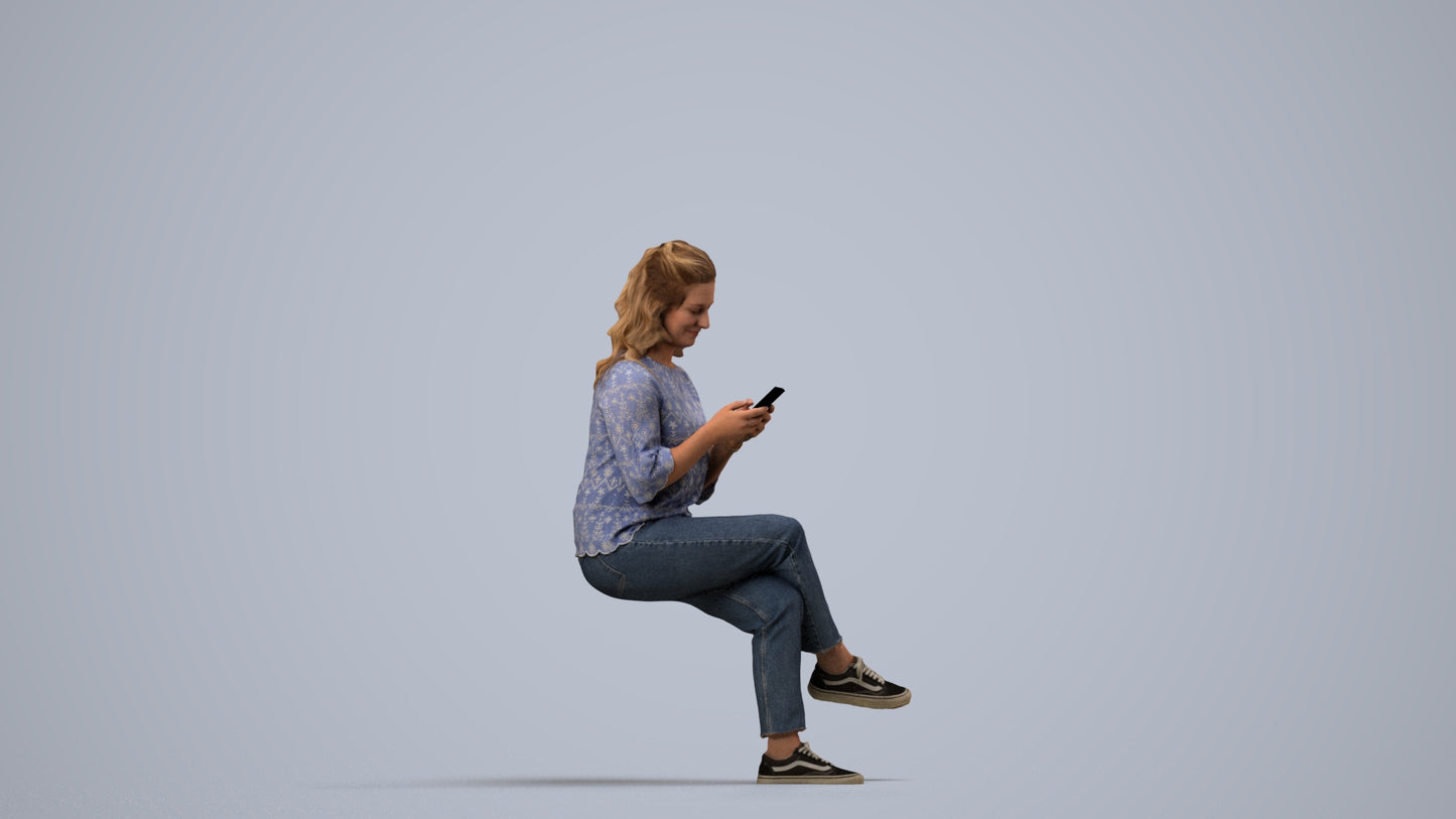 realistic 3D human woman casual sitting, archviz people FBX OBJ for Blender, side view render