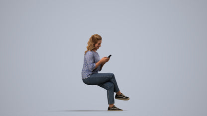 realistic 3D human woman casual sitting, archviz people FBX OBJ for Blender, side view render