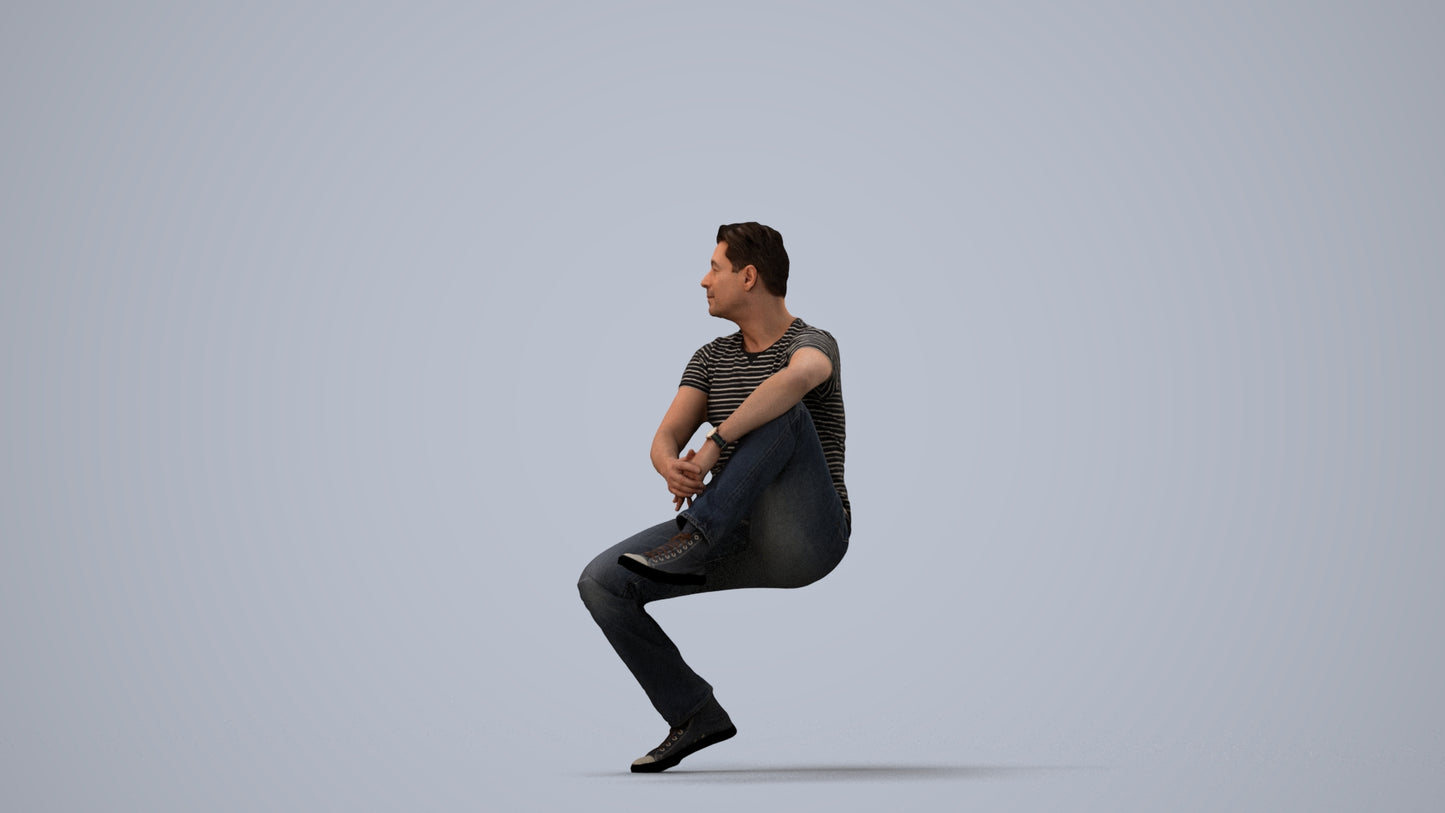 realistic 3D man casual sitting, scanned archviz people for Blender and 3ds Max, three-quarter view render