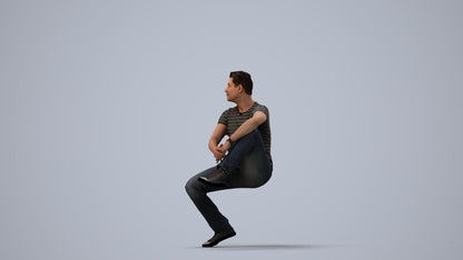 realistic 3D man casual sitting, scanned archviz people for Blender and 3ds Max, three-quarter view render