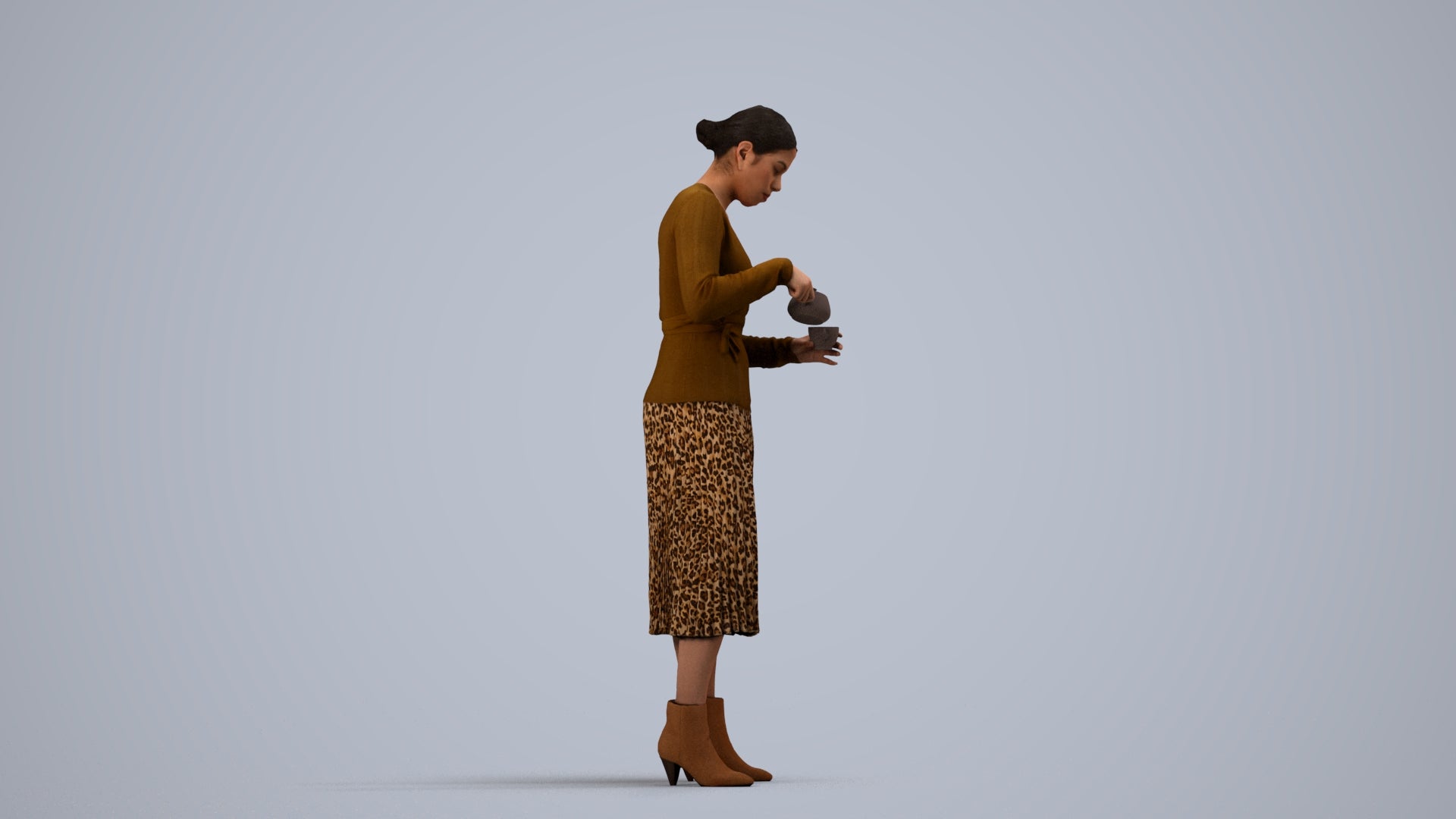 realistic 3D woman casual standing, scanned archviz people for Blender and 3ds Max, side view render