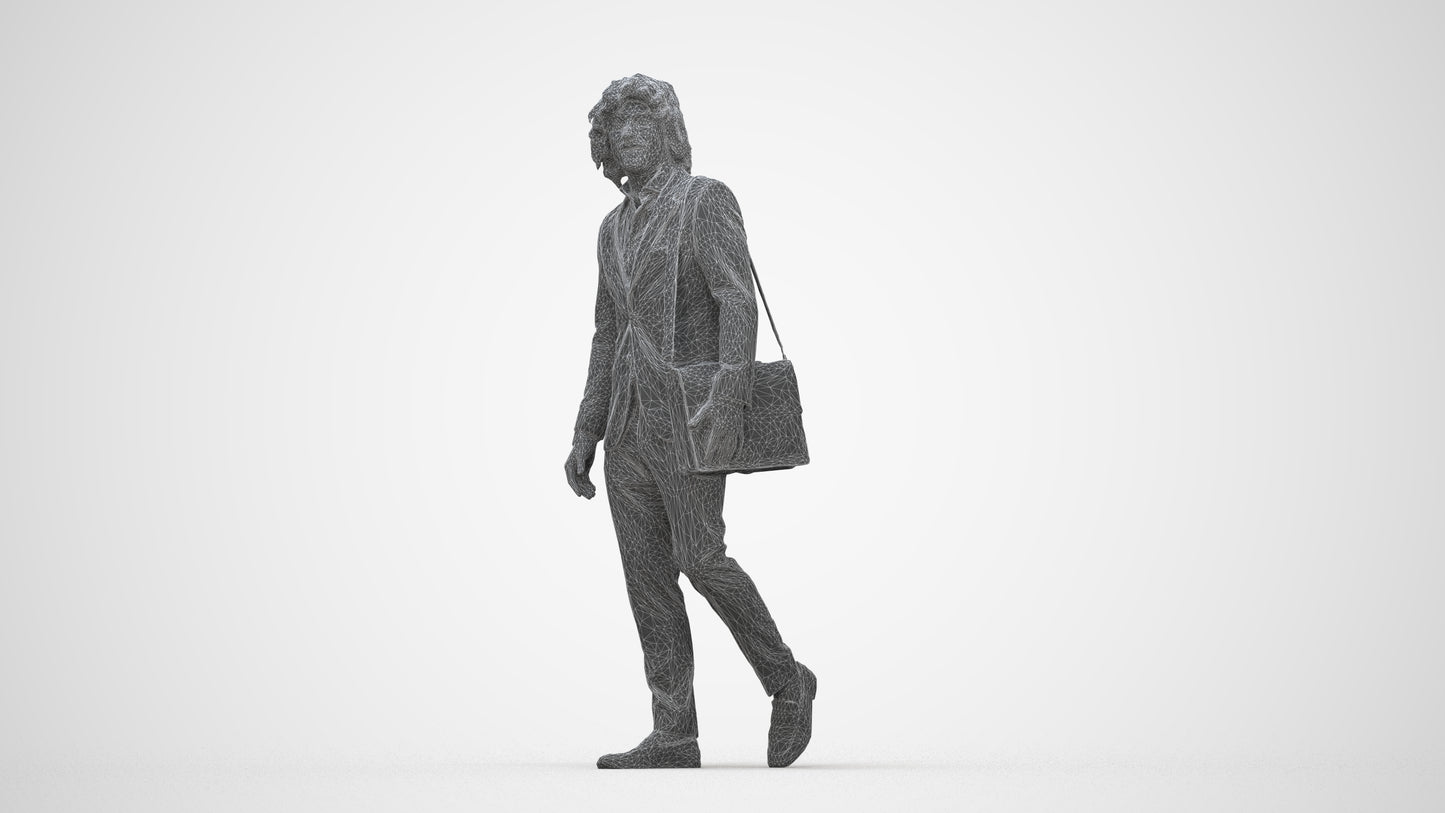 realistic 3D man business walking, scanned archviz people for Blender and 3ds Max, wireframe back view