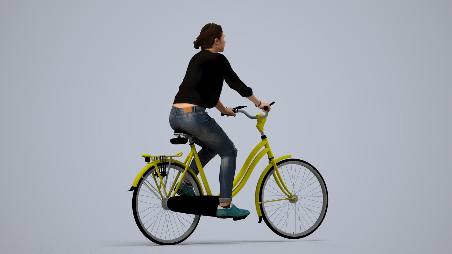 realistic 3D human woman casual cycling, archviz people FBX OBJ for Blender, side view render