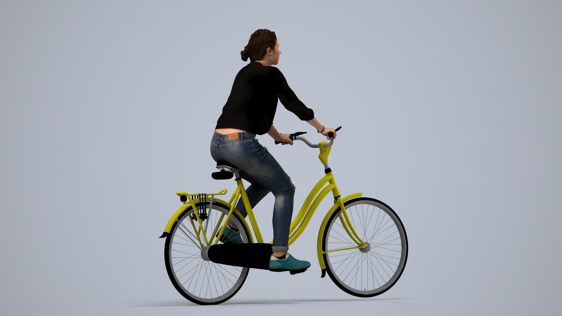 realistic 3D human woman casual cycling, archviz people FBX OBJ for Blender, side view render