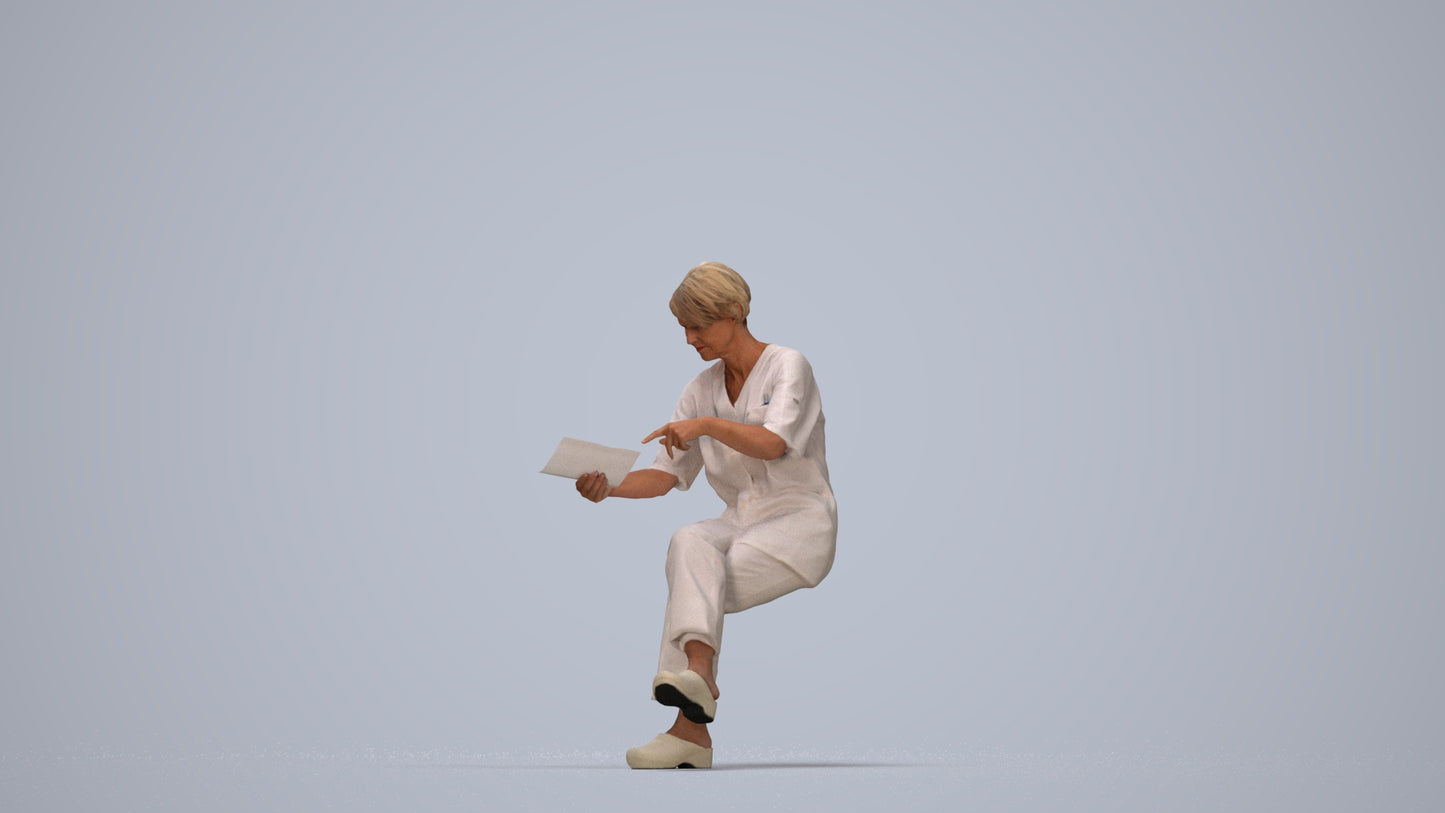 realistic 3D senior woman medical, scanned archviz people for Blender and 3ds Max, top-down view render