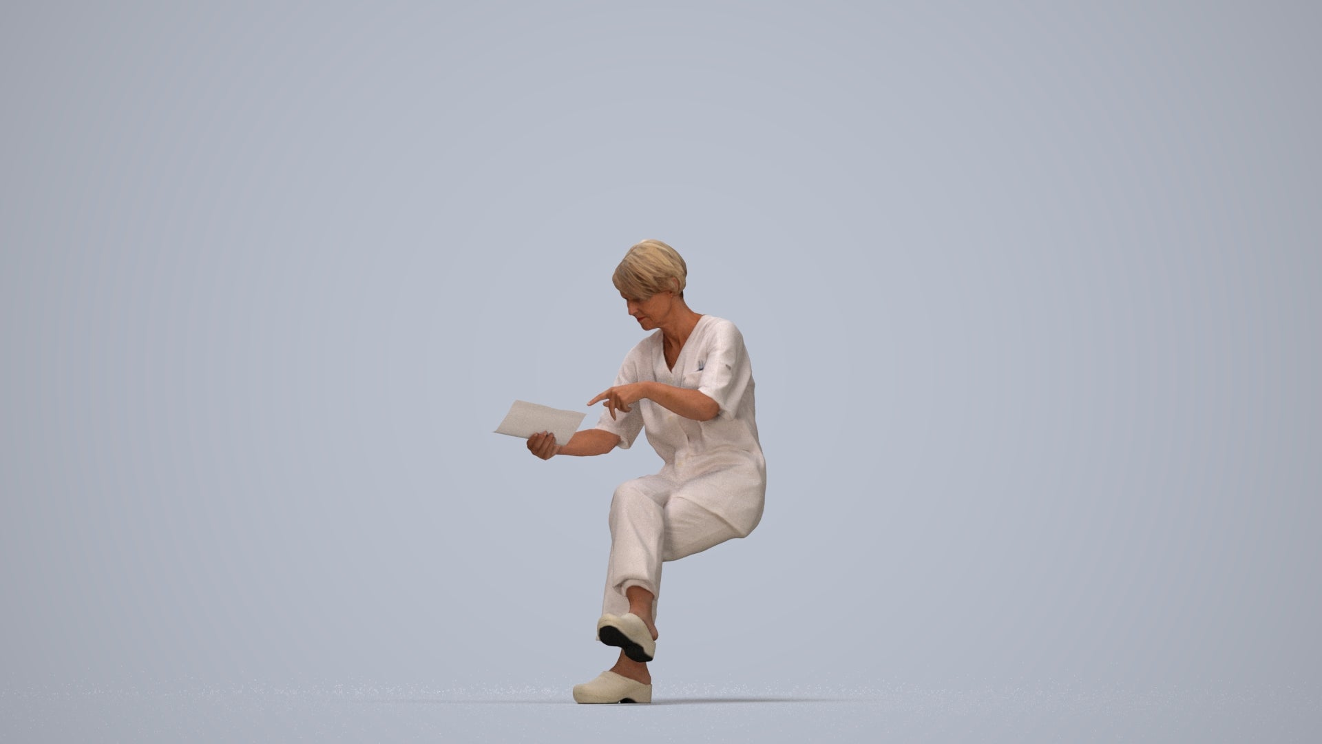 realistic 3D senior woman medical, scanned archviz people for Blender and 3ds Max, top-down view render