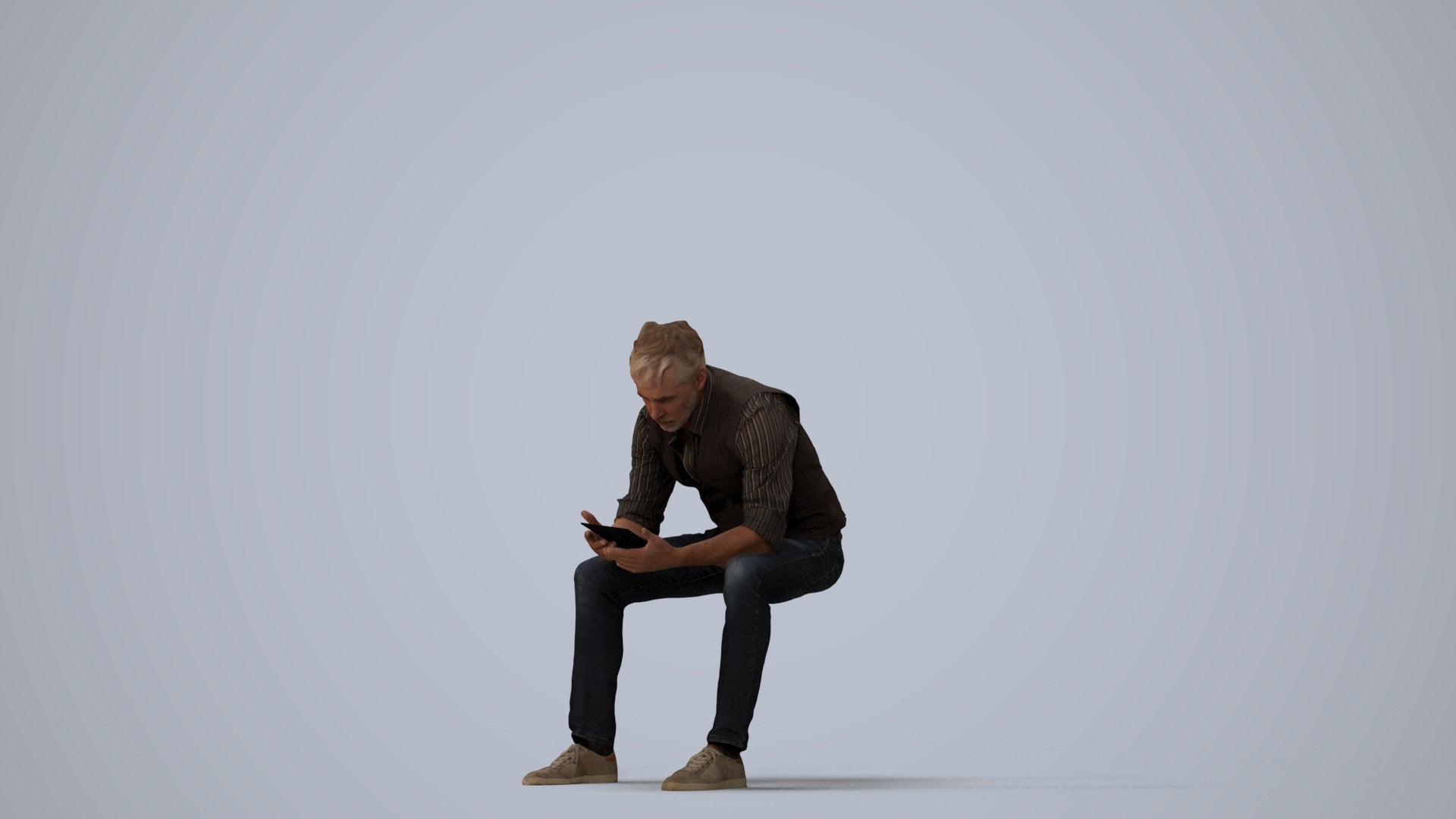 scanned 3D man casual sitting, photogrammetry people for Enscape and V-Ray, three-quarter view render