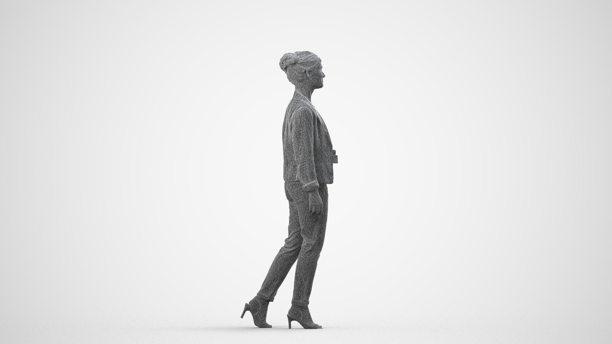 scanned 3D woman business walking, photogrammetry people for Enscape and V-Ray, wireframe side view