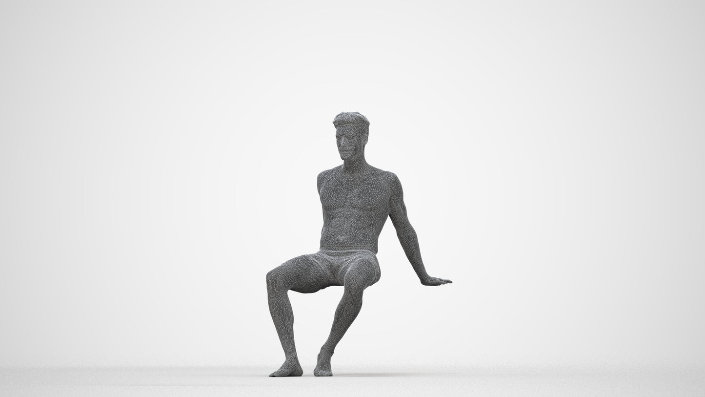 3D human model man sport pool, photogrammetry scanned person for archviz, wireframe back view