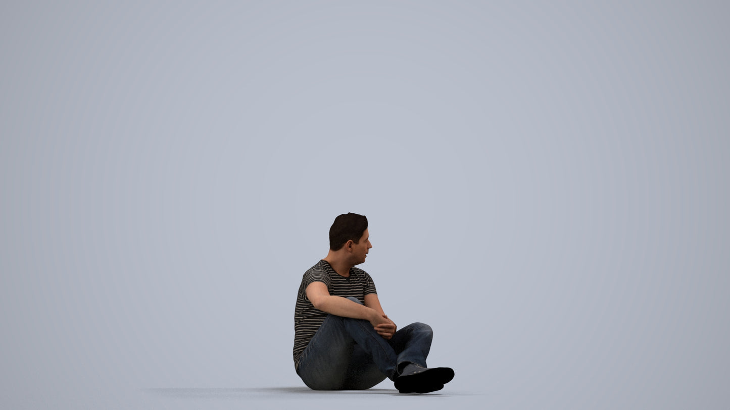 3D people model man casual sitting, scanned human for 3ds Max rendering, side view render