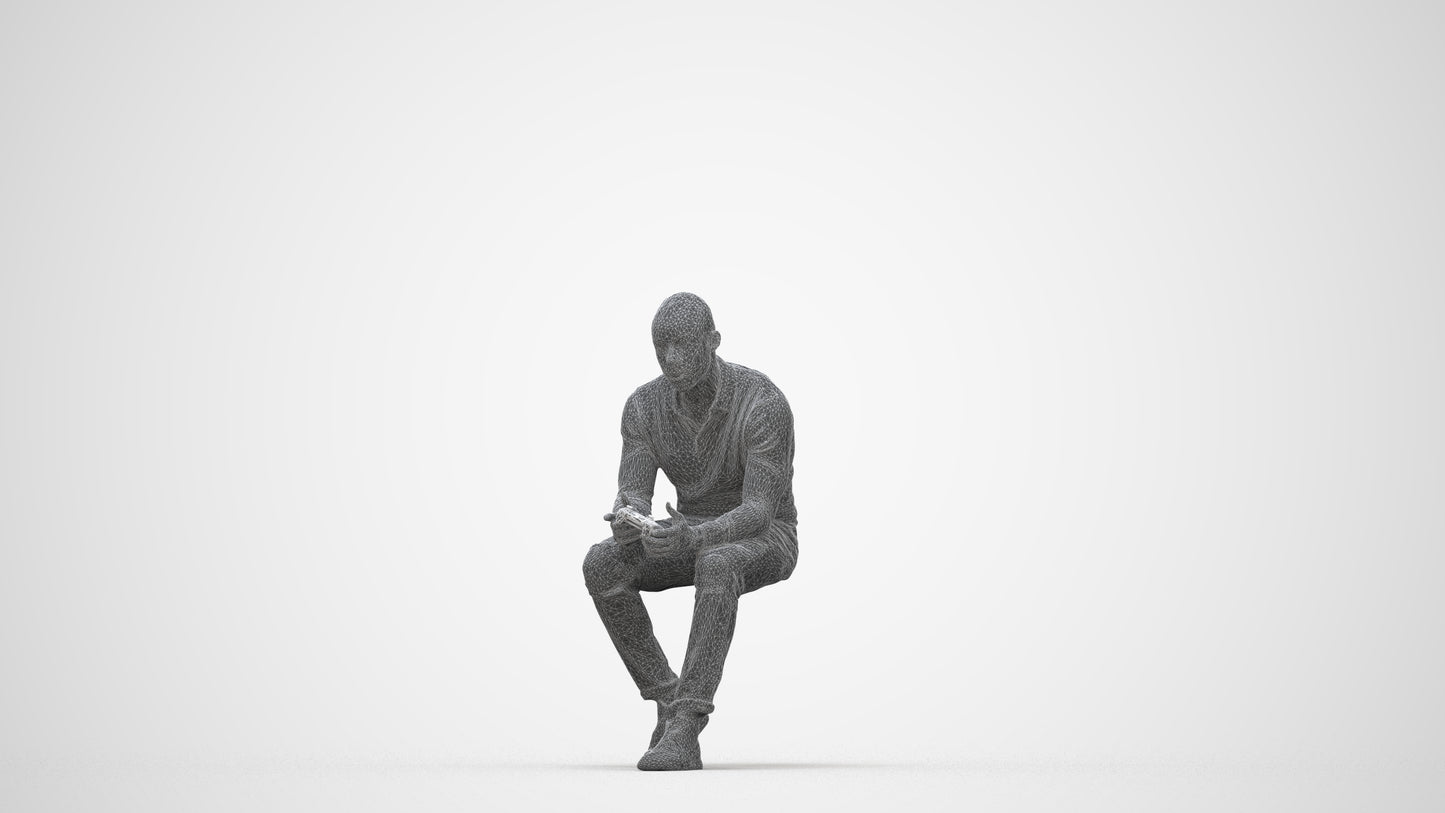 photogrammetry 3D man casual sitting, realistic human model archviz FBX, wireframe back view