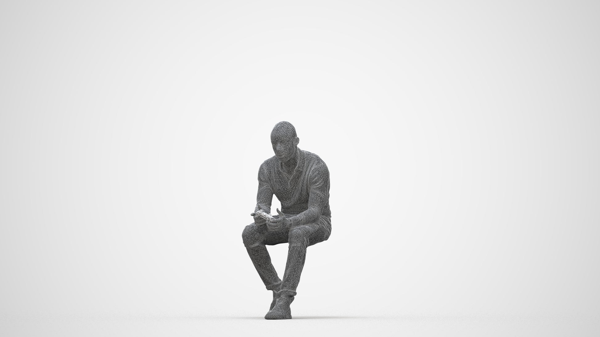 photogrammetry 3D man casual sitting, realistic human model archviz FBX, wireframe back view