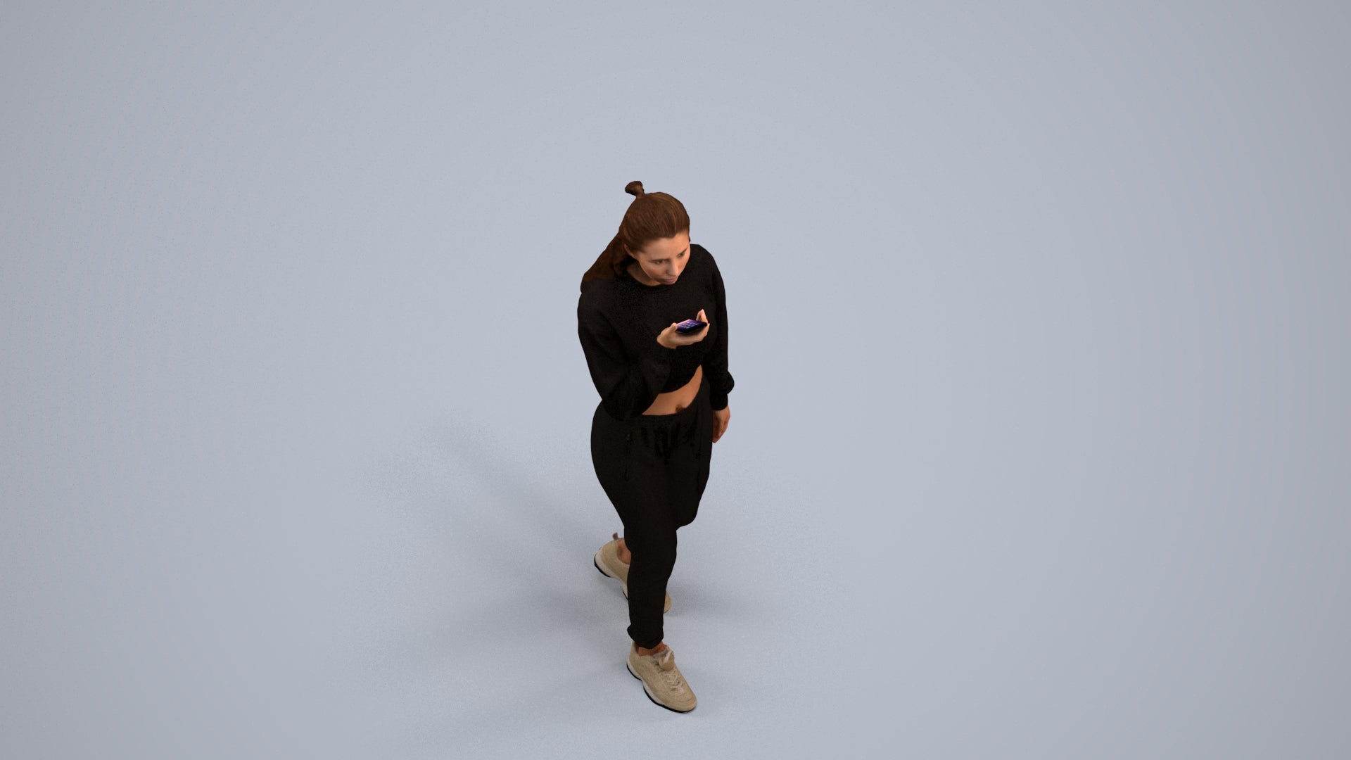 3D human model woman sport, photogrammetry scanned person for archviz, back view render
