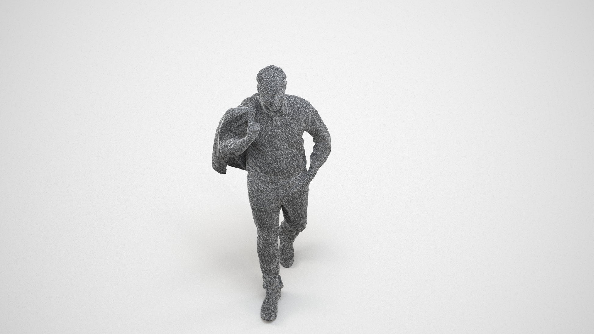 realistic 3D man business standing, scanned archviz people for Blender and 3ds Max, wireframe three-quarter view
