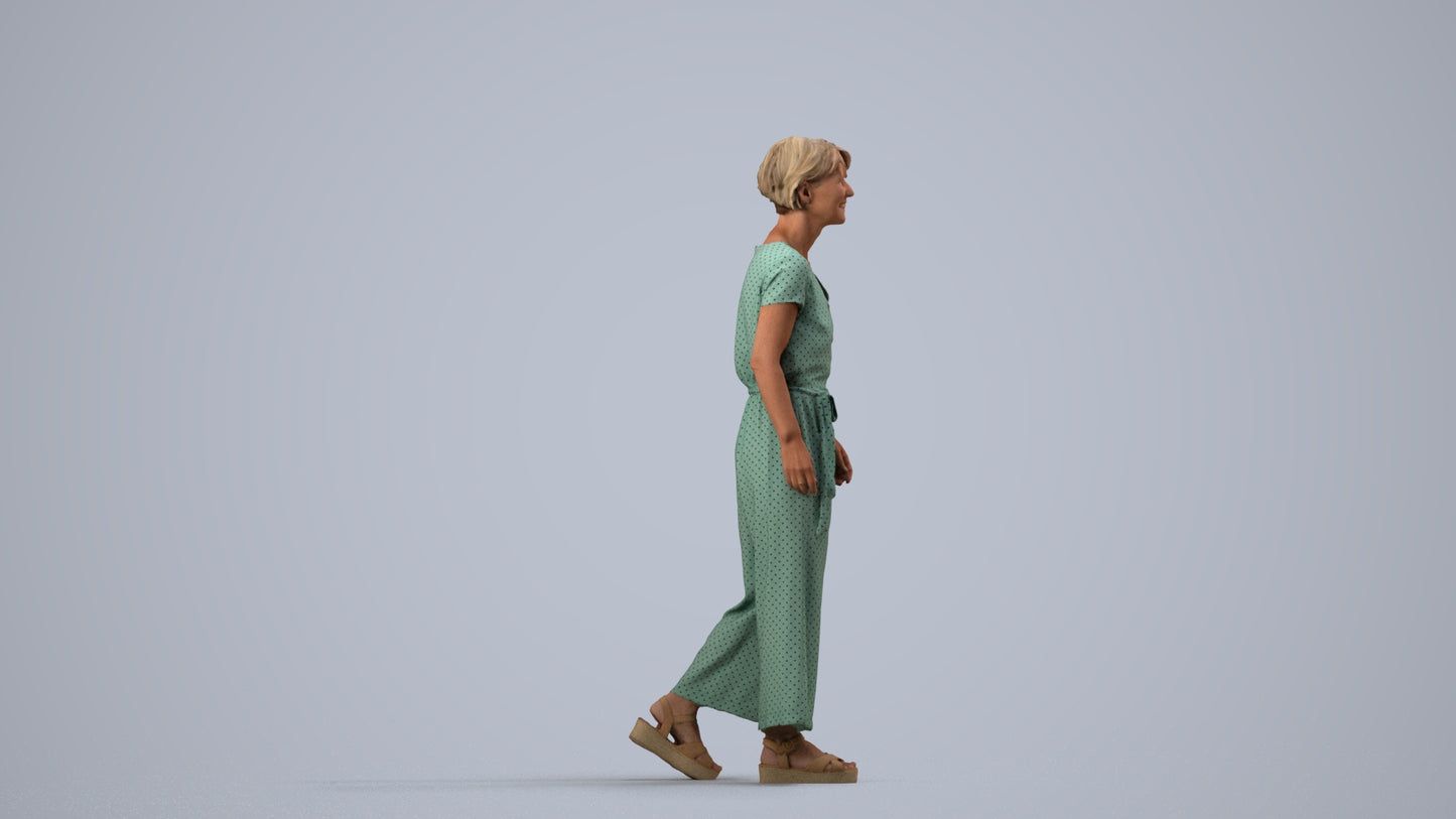 3D human model senior woman casual walking, photogrammetry scanned person for archviz, side view render